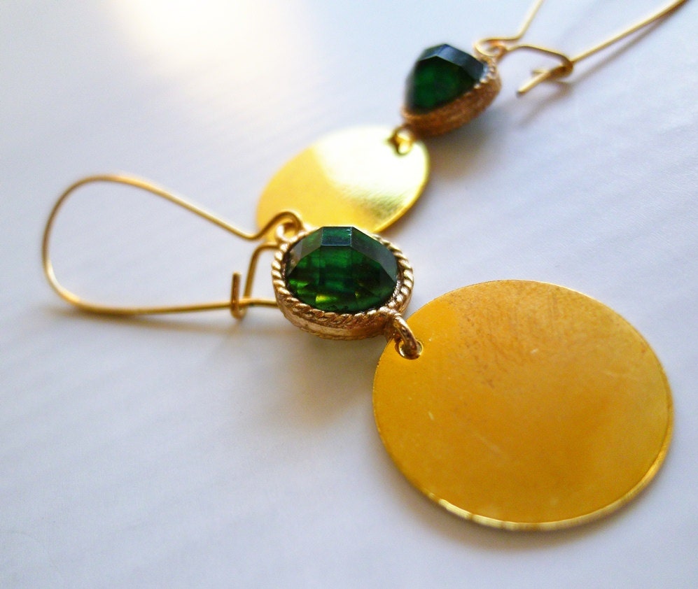 gold disc earrings with green bezel crystals - emma earrings