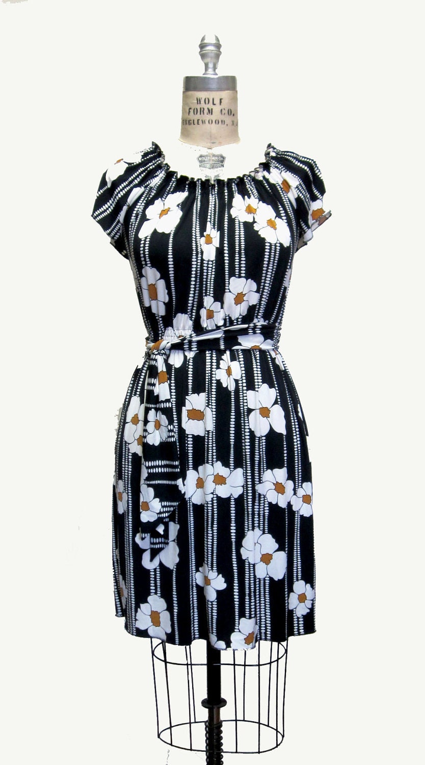 Short sleeved gathered peasant dress with sash - black, white and yellow floral print poly jersey
