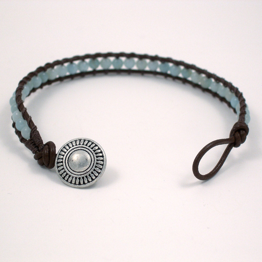 Brown Leather Wrap Bracelet with Amazonite Semi-Precious Beads, Single Wrap Leather