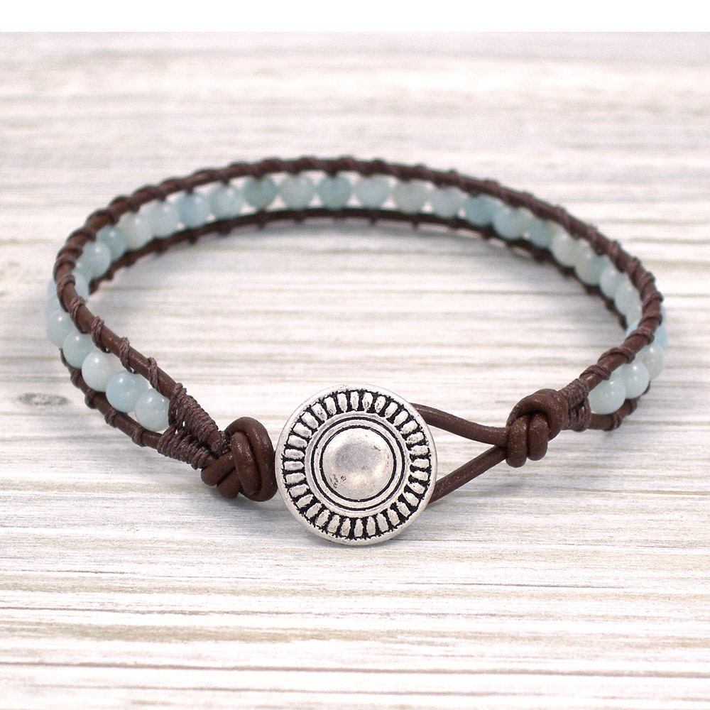 Brown Leather Wrap Bracelet with Amazonite Semi-Precious Beads, Single Wrap Leather
