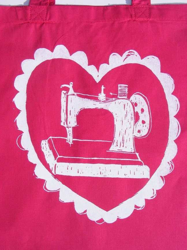 Love to Sew . . Hand Screenprinted Mini SEWING Project Tote Bag . . . Hot Pink