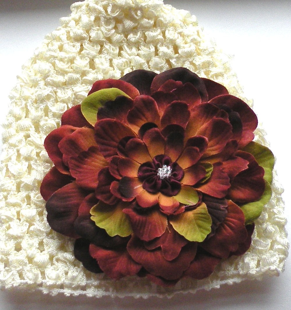 Newborn Baby Girl Ivory Crochet Beanie Flower Hat Cap