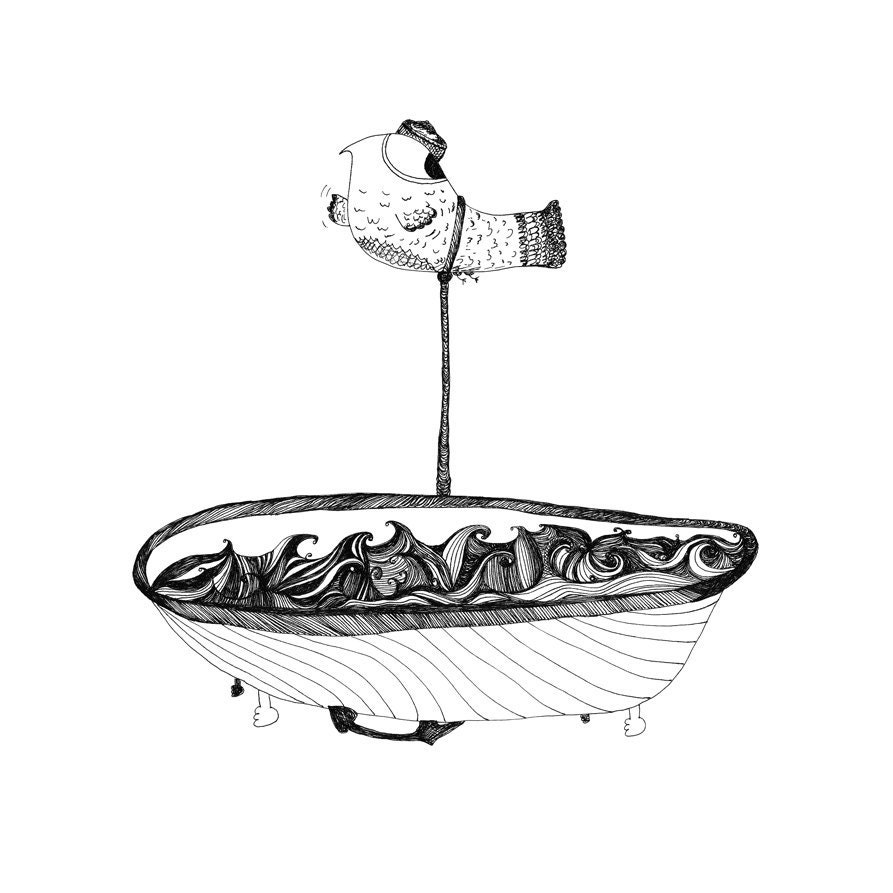 Bird Bath 8x10 Fine Art Archival Print of Original Pen and Ink Drawing