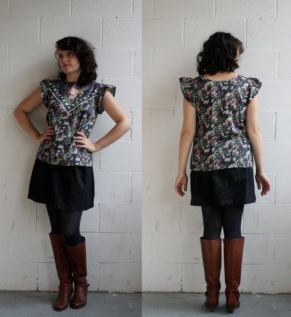Deer print floral cotton blouse Supayana Last 2 left, size SMALL