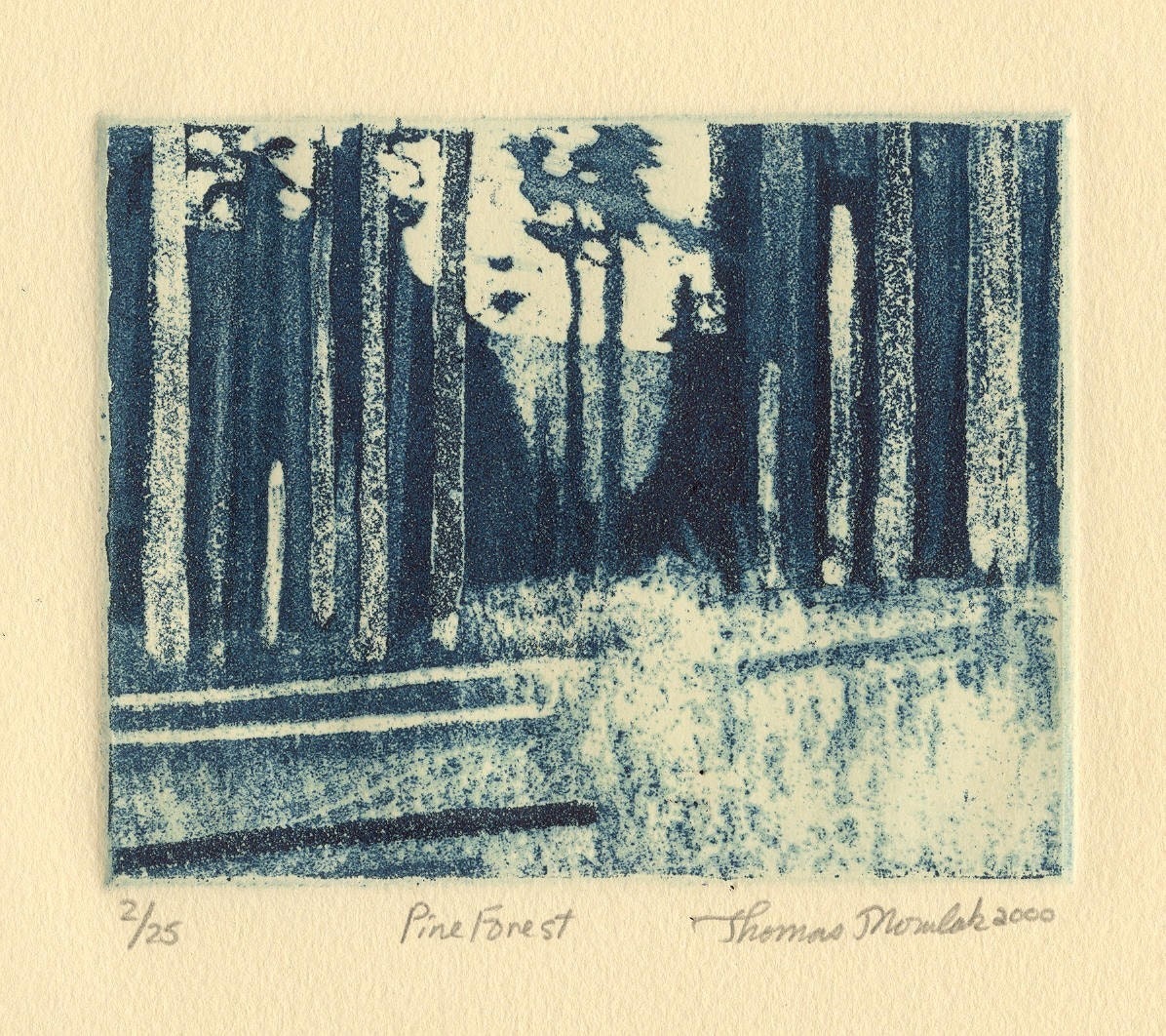 PINE FOREST original hand printed copper plate aquatint etching by Pittsburgh printmaker Thomas J. Norulak.