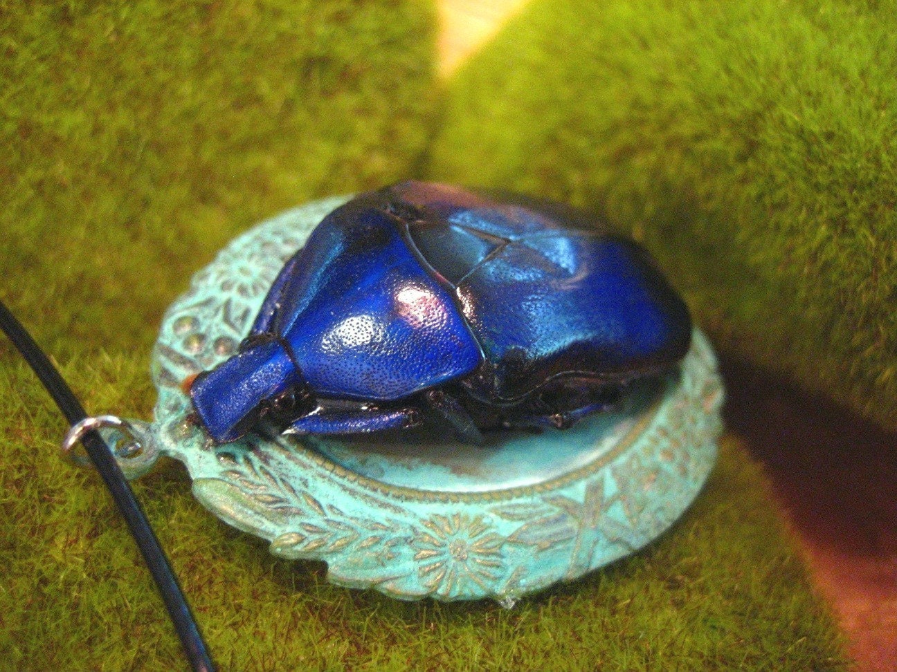 Blue Flower Beetle Verdigris Necklace
