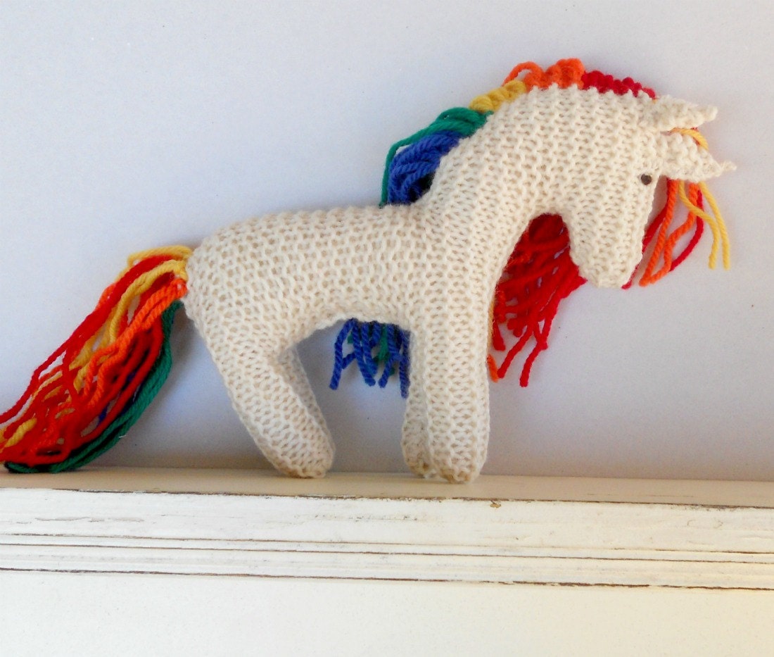 Rainbow Unicorn, Earth Pony, Waldorf Toy, Stuffed Animal Horse, Eco Kids Toy, HandKnit, All Natural Childrens Toy