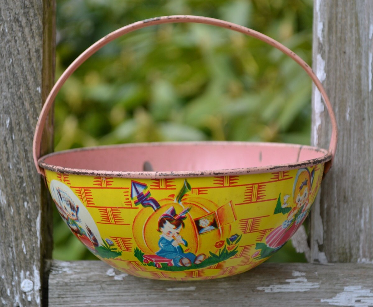 Vintage J. Chein Tin Easter Basket with Nursery by bibliocycle