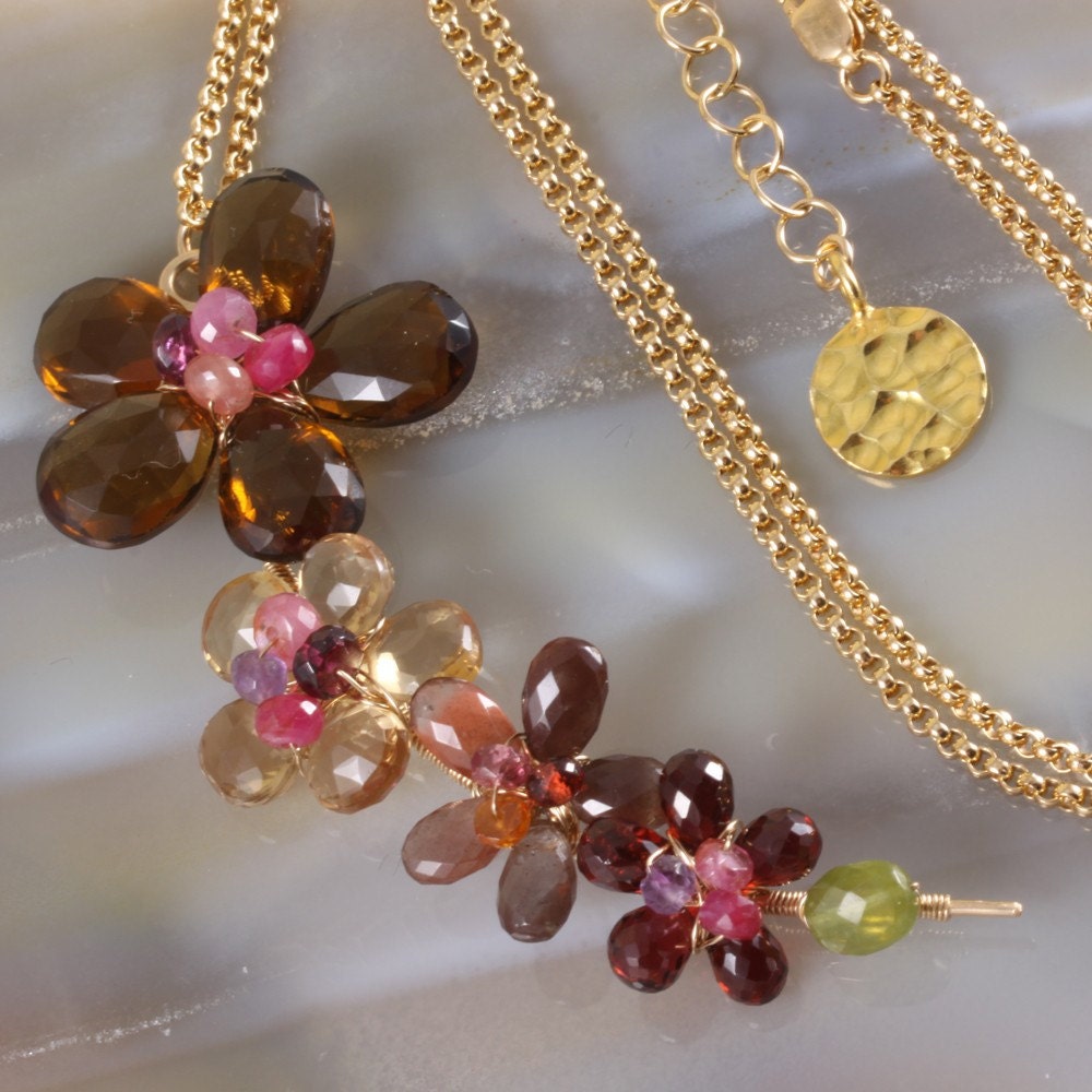30% OFF - Cognac Quartz Champagne Citrine Cat's Eye Scapolite Flower pendant Necklace