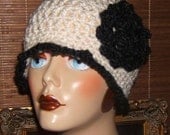 HANDMADE CROCHET PEARL WITH BLACK ACCENTS CLOCHE HAT