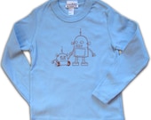 SALE Robot Toddler Tee, Long Sleeve, red on light blue in 2T and 4T