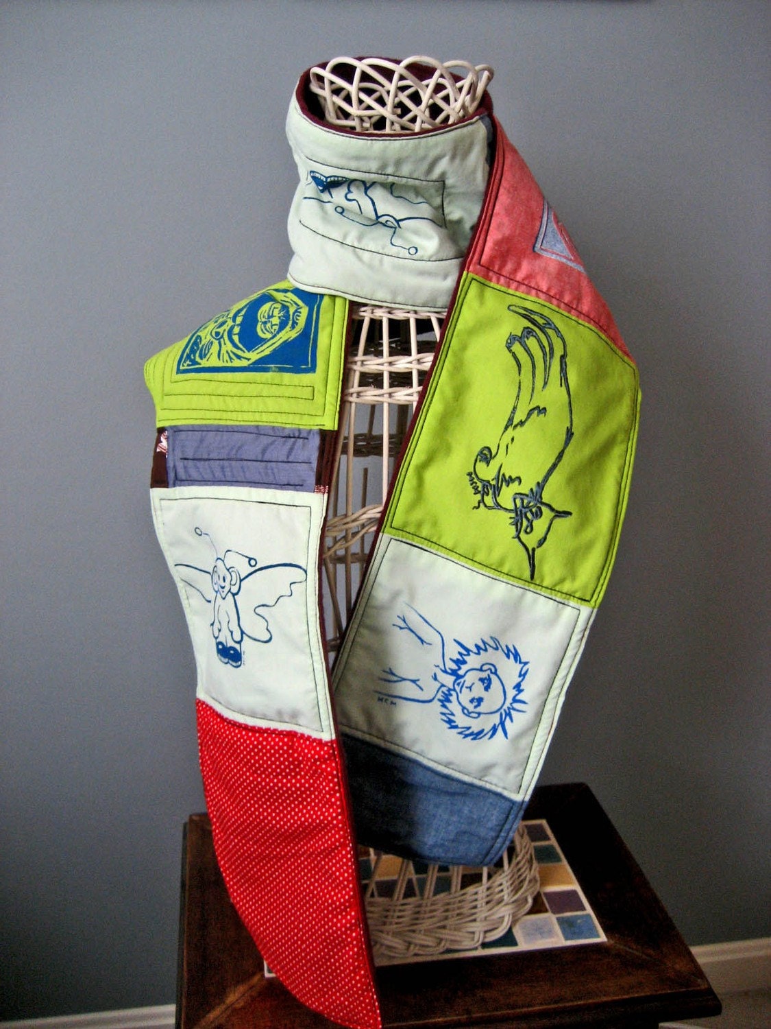 Super Fun and Crazy Silkscreened and Quilted Patchwork Scarf