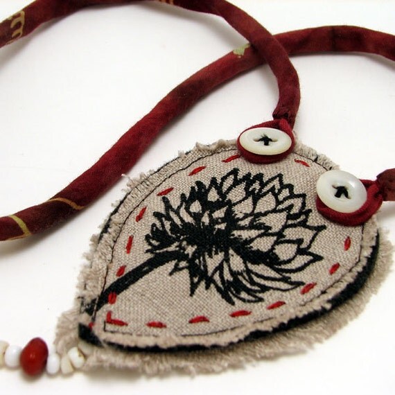 Original fiber art clover flower necklace with lucky bean