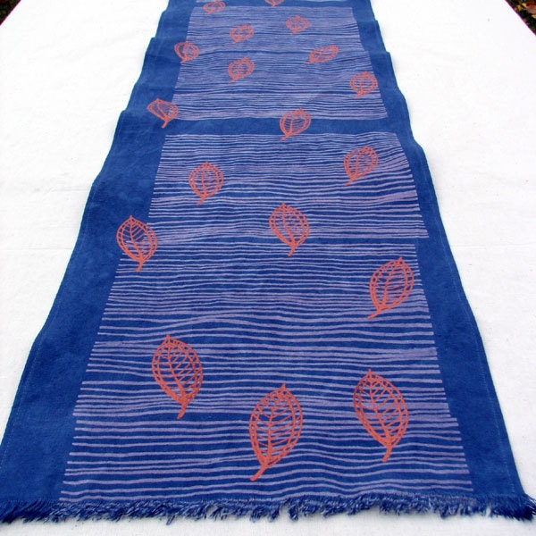 Table runner cloth, screenprinted and hand dyed, copper, indigo - organic cotton / hemp