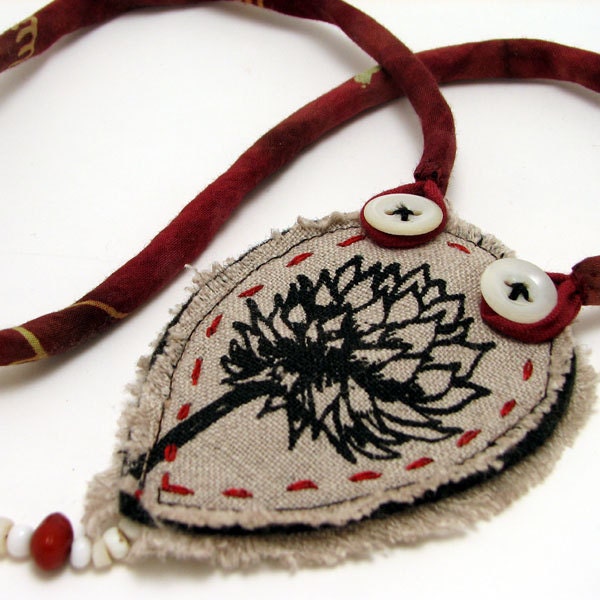 Original fiber art clover flower necklace with lucky bean