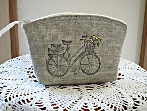Linen Clutch Cosmetic Bag  Purse Retro Bicycle Hand Embroidery