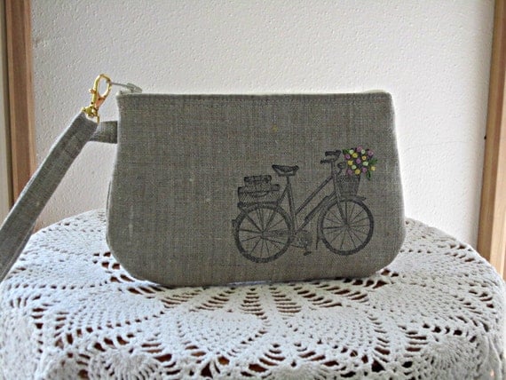Handstamped Linen Wristlet Clutch Zipper Gadget Pouch Retro Bicycle Hand Embroidered
