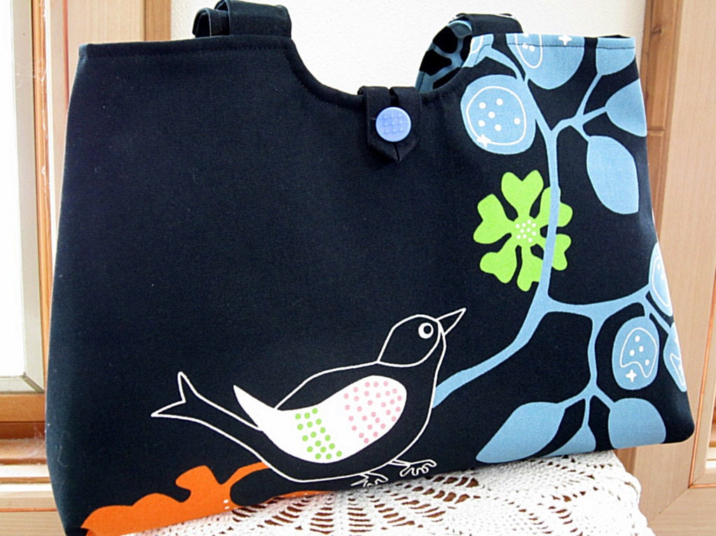 Handbag Purse Tote in Bird on a Branch in Black Vintage Button Made in the USA