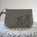 Handstamped Linen Wristlet Clutch Zipper Gadget Pouch Retro Bicycle Hand Embroidered for Matt