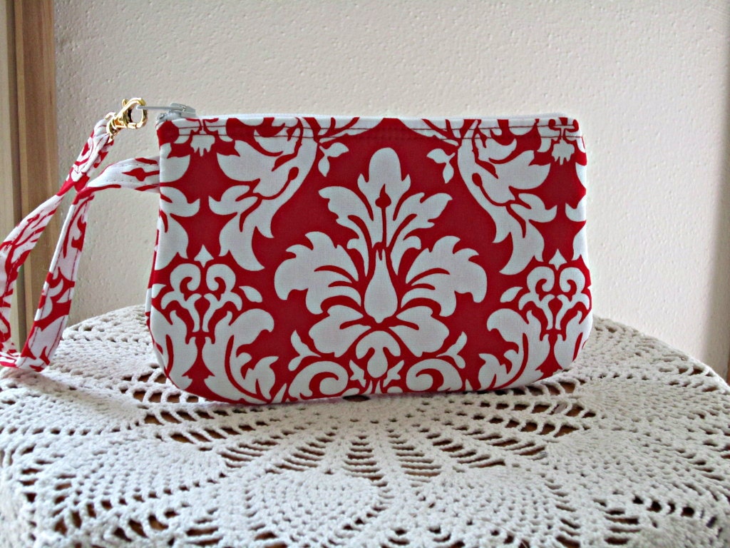Wristlet Zipper Gadget Purse Pouch in Red and White Damask