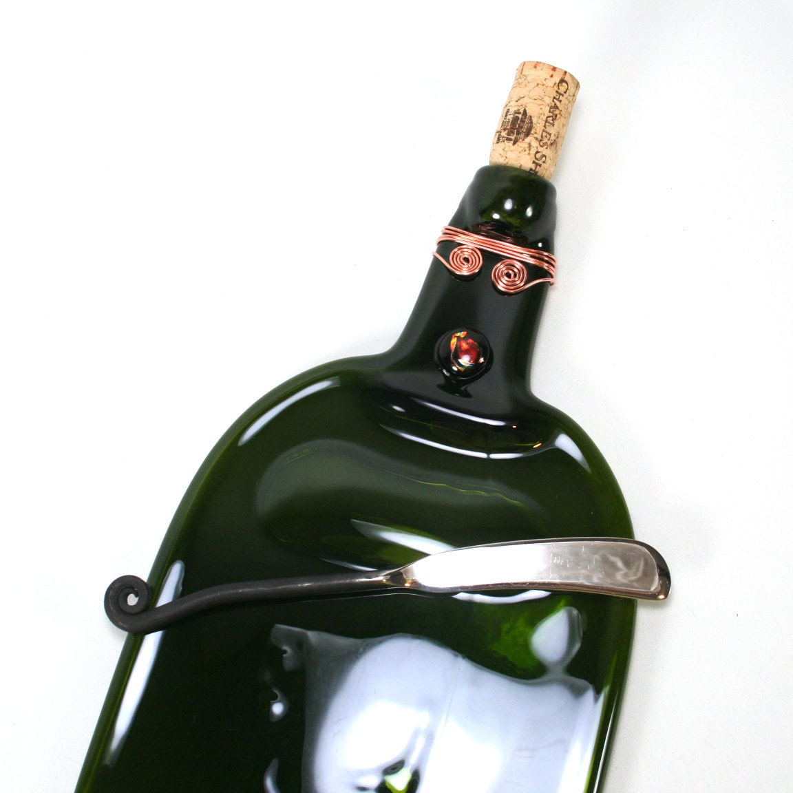 Large Green Wine Bottle Serving Tray with Cork and Spreader - Recycled Eco-Friendly