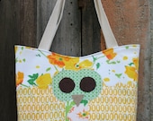 Owl Tote Bag, Orange and Yellow Vintage Flowers