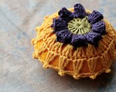 Linen  pincushion - crochet motif