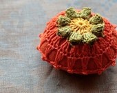 Linen  pincushion - crochet motif