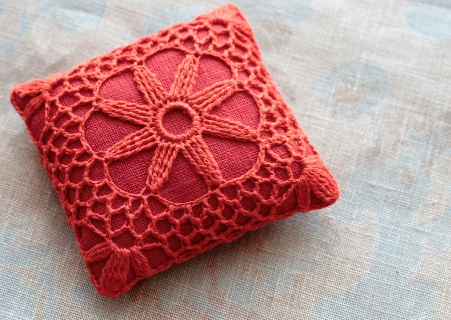 Linen  pincushion - crochet motif -- red