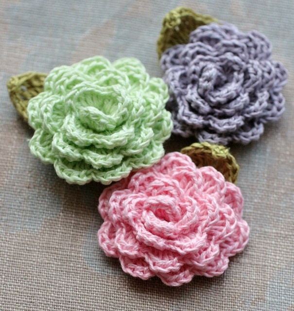 Crochet Linen Flowers Brooches - set of 3