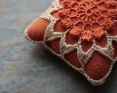 Linen  pincushion - crochet motif