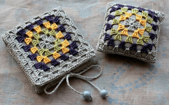 Gift set -- linen pincushion and needle book -- granny square