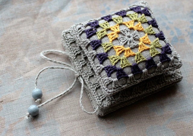 Gift set -- linen pincushion and needle book -- granny square