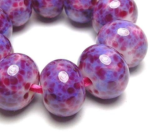 Handmade Lampwork Glass Beads in Bright Pink and Periwinkle Blue on White set of 10 - Berry Crush
