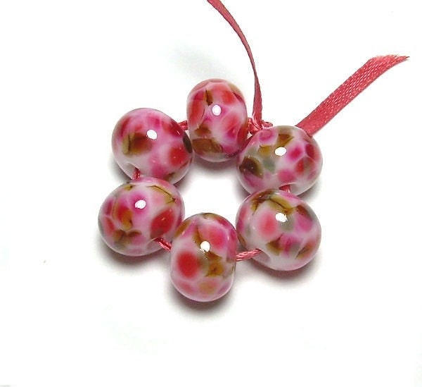 Handmade Lampwork Glass Beads in Peachy Pink, Fuchsia, Olive Brown, and Dove Grey set of 6 - Rosa