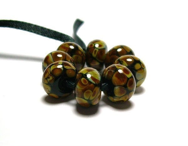 Handmade Lampwork Glass Mini Beads in Raku on Black set of 8 - Raku Stones Spacers