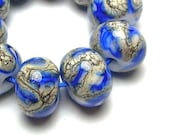 Handmade Lampwork Glass Beads SRA in Silvered Ivory Waves on Swirled Lapis Blue and White set of 10 - Silvered Bright Blues