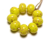 Handmade Lampwork Glass Beads in Dark Ivory on Bright Lemon Yellow set of 9 - Sunny Days