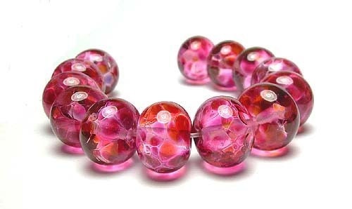 Handmade Lampwork Glass Beads in Transparent Bright Fuchsia Pinks and Peach set of 13 - Fruit Cooler