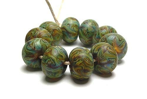Handmade Lampwork Glass Beads SRA in Etched Olive, Nile Green, and Amber on Light Amber set of 10 - Misty Amazon