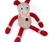 randy - red & multi colored  plush crocheted dog softie
