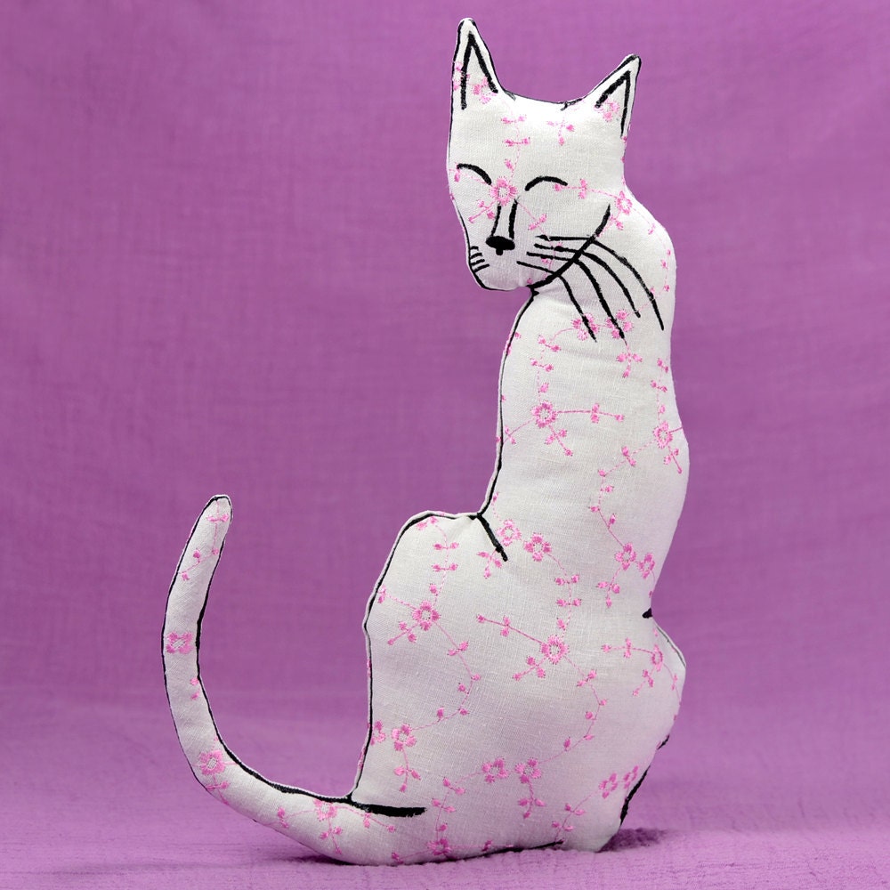 pink floral embroidered fabric cat shaped medium pillow