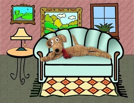 crocheted dog on couch digital print