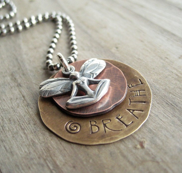 Necklace BREATHE Yoga Faerie Sterling Silver Metal Stamped