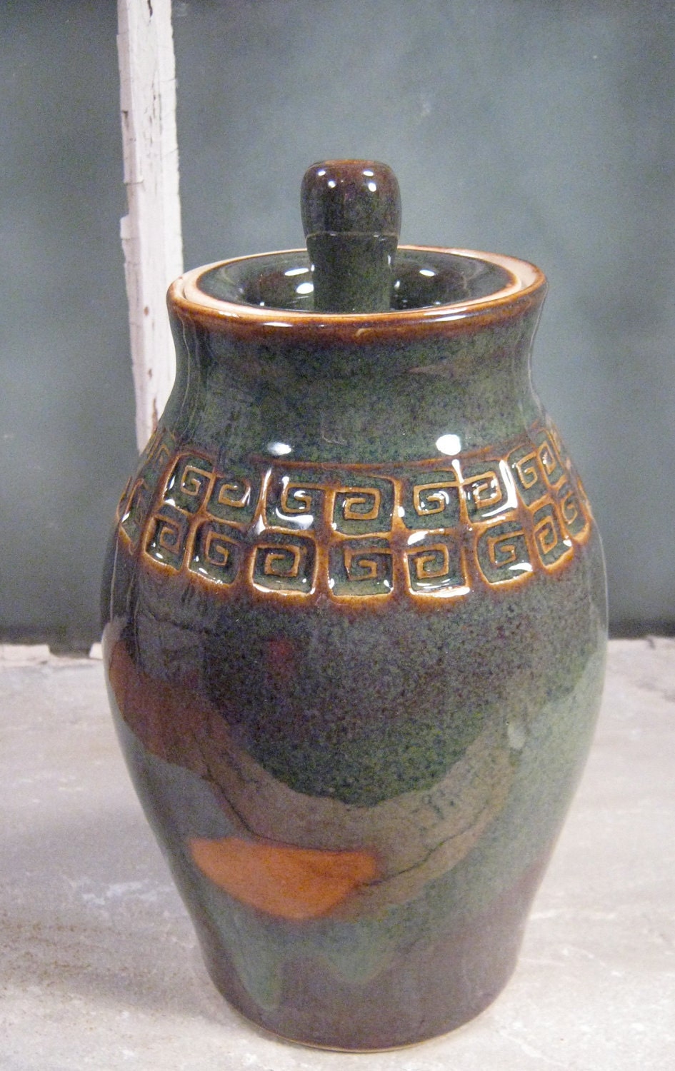 Tall Jar or Urn in Woodland Green with Golden Brown Spot