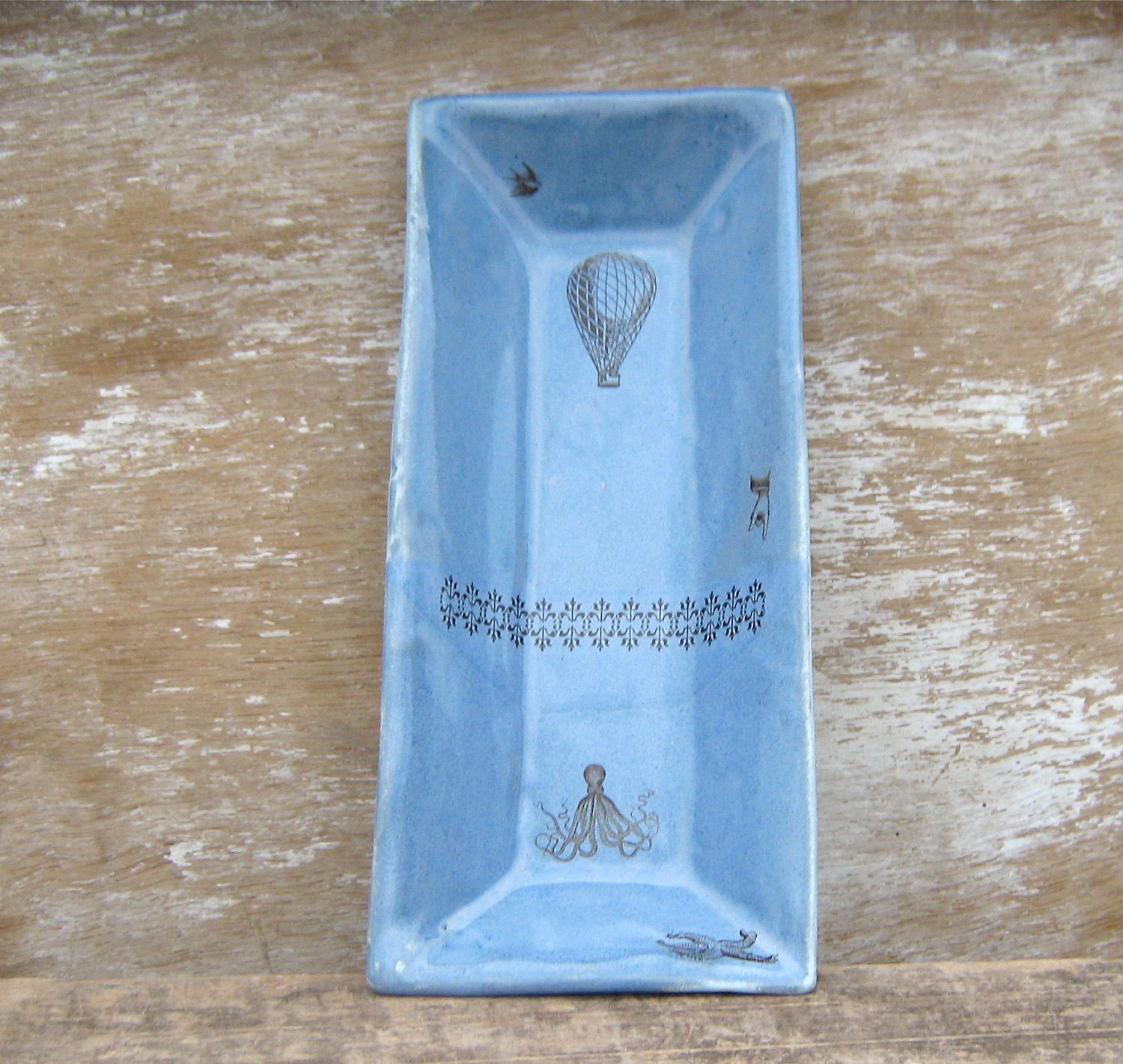 Stoneware Platter With  Octopus and Hot Air Balloon