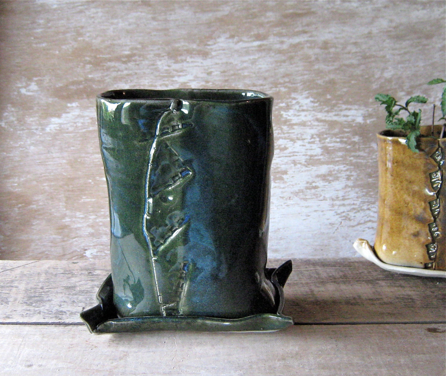 Windowsill Planter Deep Stoneware Bag in Blue Green