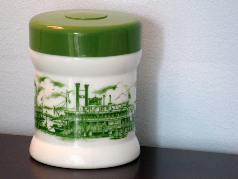 Vintage White Milk Glass Jar with Green Plastic Lid and River Boat Decals
