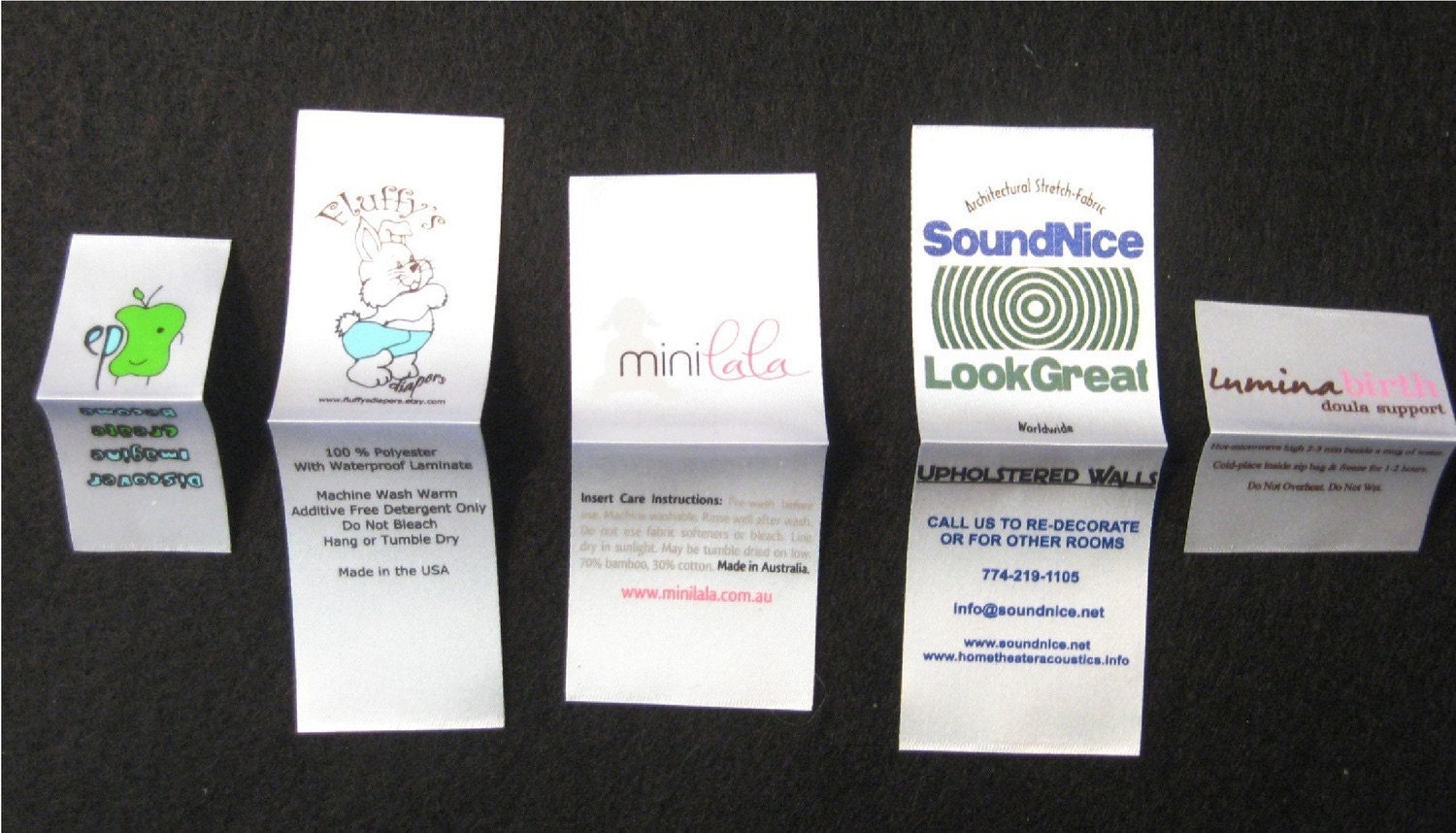 100 Custom Printed WHITE Satin Clothing Labels - Sewing Tags - SCREENPRINTED - Up to 4 Colors -  New Lower Minimum - A USA Company