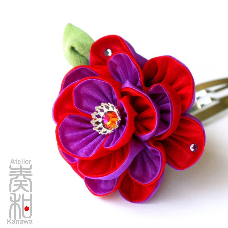 Deep Love - Botan (Peony) Filigreed Tsumami Kanzashi with Crystal Swarovski